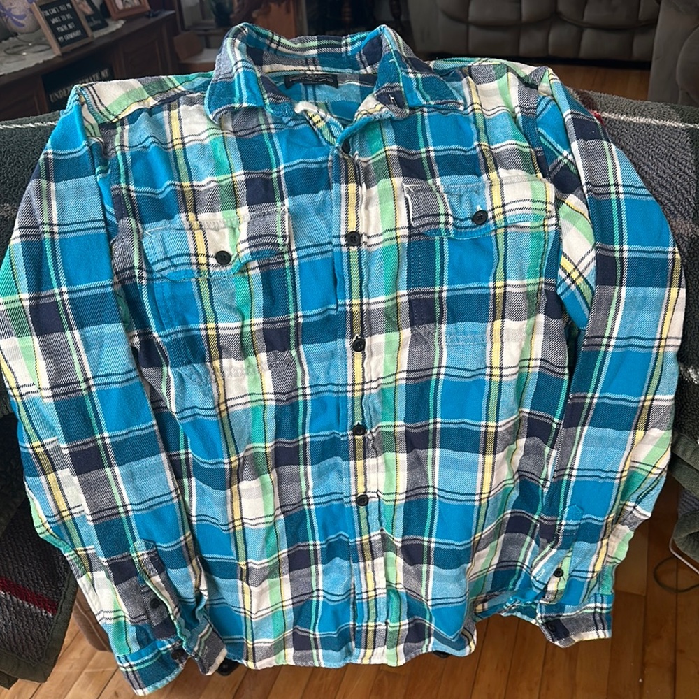 Blue and Green Plaid Flannel Button-Up Shirt
